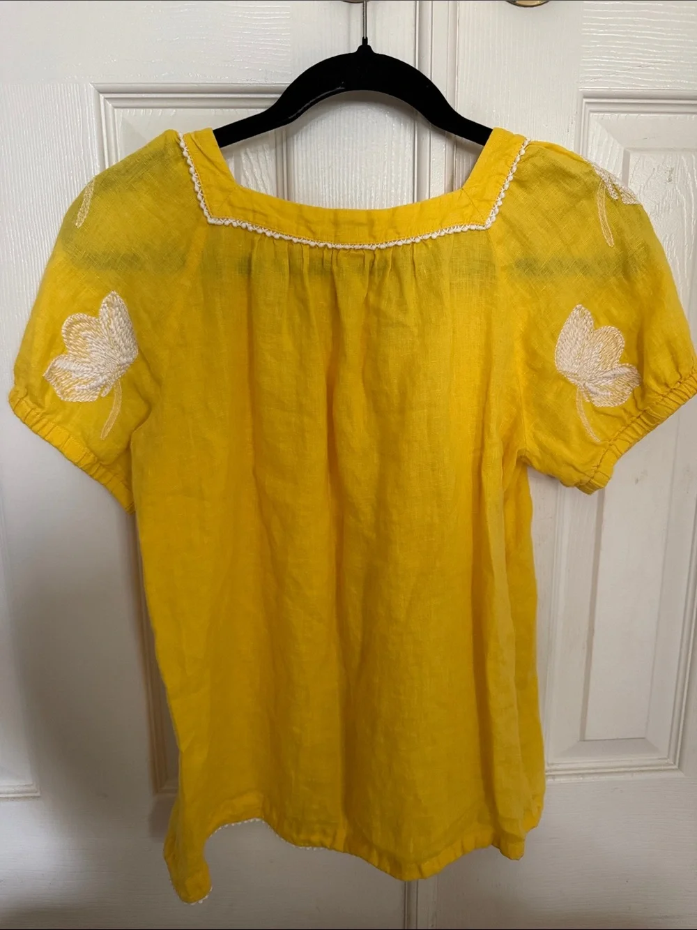 J. Crew Bright Yellow Linen Square-Neck Embroidered Peasant Blouse